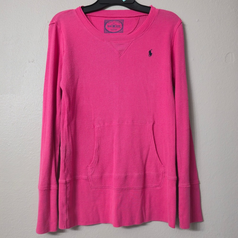 Ralph Lauren Youth Large Pink Waffle Knit Thermal Long Sleeve Pony Logo Shirt